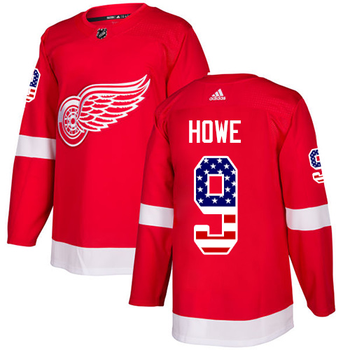 Adidas Red Wings #9 Gordie Howe Red Home Authentic USA Flag Stitched NHL Jersey